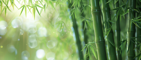 A lush green bamboo forest with sunlight shining through the leaves