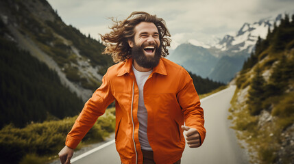 Naklejka premium Joyful man with long hair and beard running down a mountain road, wearing an orange jacket, surrounded by stunning alpine scenery and a sense of freedom