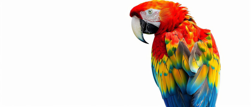 A colorful parrot is perched on a white background