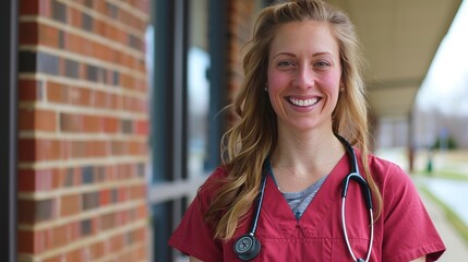 Smiling Female Nurse in Red Scrubs with Stethoscope Outside Hospital