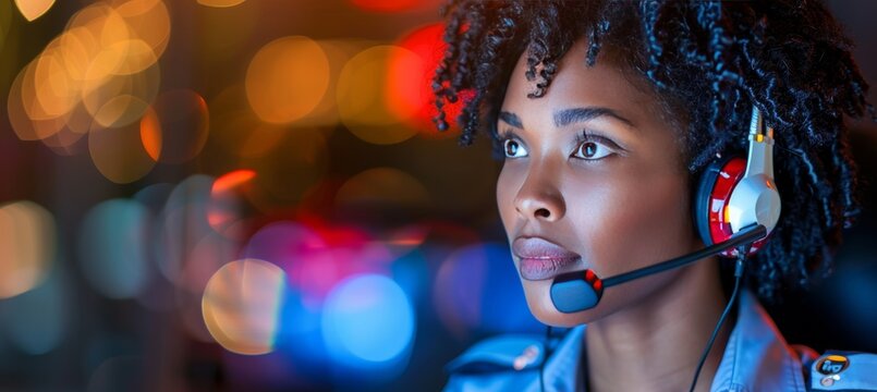 Police officers in modern 911 call center for emergency response with space for text