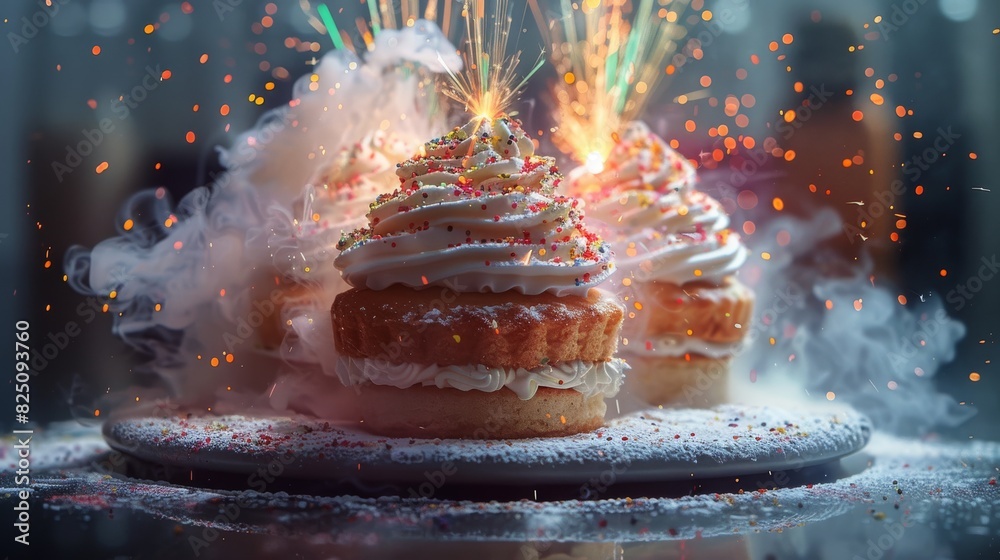 Poster conceptualize baked goods that emit colorful sparks when bitten into. generative ai.