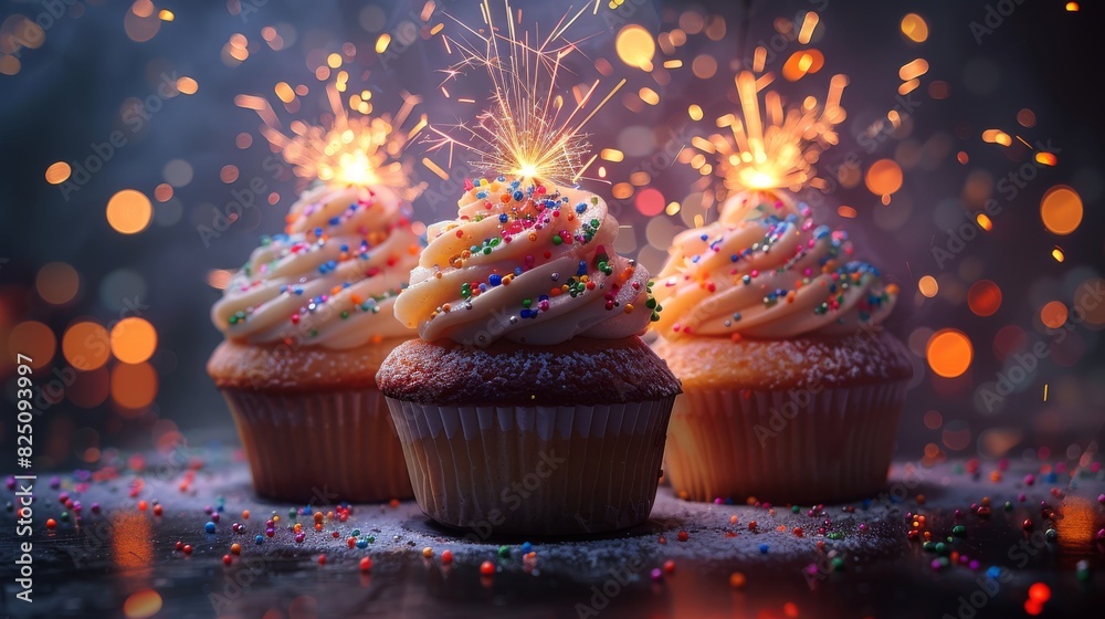 Poster conceptualize baked goods that emit colorful sparks when bitten into. generative ai.