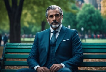 Fototapeta premium Middle-aged man in a suit sits on a bench 