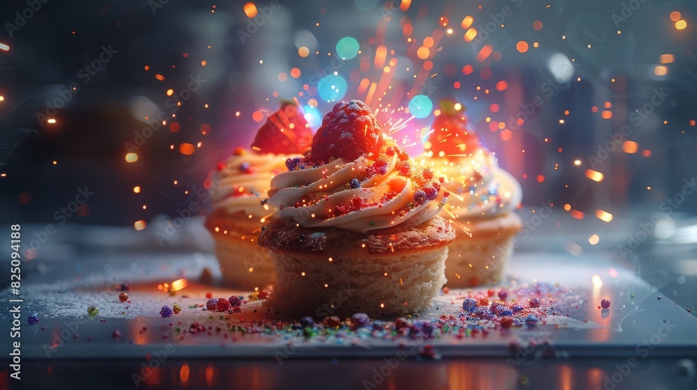 Poster Conceptualize baked goods that emit colorful sparks when bitten into. Generative AI.
