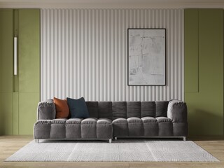 Mock up of a fashionable living room with a comfortable cool sofa and stylish decorative background, 3D rendering.