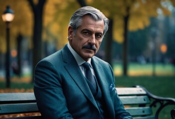 Fototapeta premium Middle-aged man in a suit sits on a bench 
