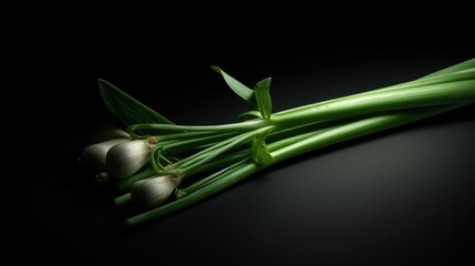 Fototapeta premium A bunch of green vegetables with a black background. The vegetables are fresh and healthy looking