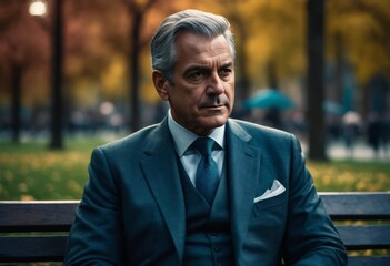 Fototapeta premium Middle-aged man in a suit sits on a bench 