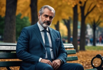 Fototapeta premium Middle-aged man in a suit sits on a bench 