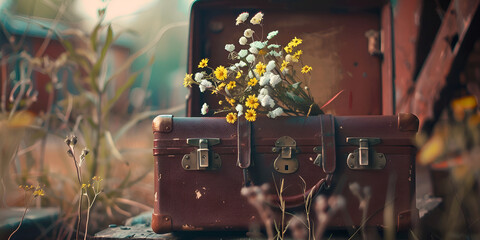 Antique Suitcase Filled with Wildflowers in Rustic Setting\
Nostalgic Flower Arrangement in Vintage Luggage Outdoors - Powered by Adobe