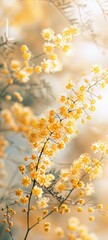Fototapeta premium Sunny Yellow Mimosa Flowers in Glass Vase Indoors