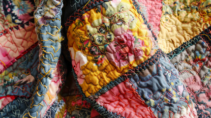 A patchwork quilt with a floral design