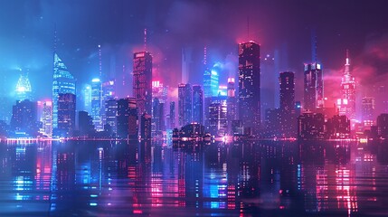 Panoramic urban architecture cityscape with neon light effects. Futuristic high-tech city design for a banner background