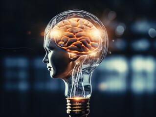 A brain is shown inside a light bulb. The brain is glowing and surrounded by a blurry background. Concept of mystery and wonder, as if the brain is a source of knowledge or power