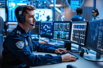 Police in advanced 911 call center responding to emergencies with space for text