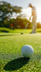 Intense focus  golfer s concentrated eyes on putting green   summer olympics sport concept