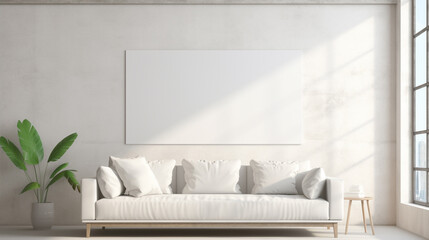 A room with large windows, allowing natural light to illuminate a minimalist white couch and a blank empty white frame mockup on the wall.