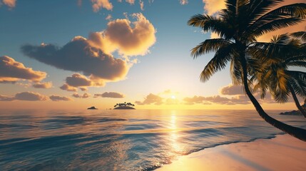 A serene beachscape with the sun rising behind a distant island, casting a golden glow on the sea and highlighting the silhouettes of palm trees along the coast.