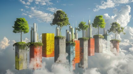 Surreal Floating Cityscape. Futuristic Skyscrapers and Trees Hovering Above Clouds