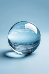 A clear glass egg with a blue ocean in the background