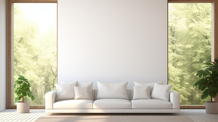 A room with large windows, showcasing a minimalist white couch and a blank empty white frame mockup on the wall, flooded with natural light.