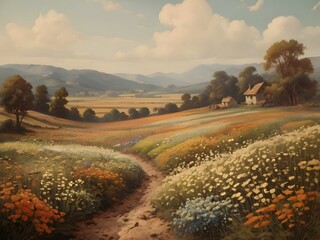 Fototapeta premium Flower Field Landscape Vintage Illustration Art