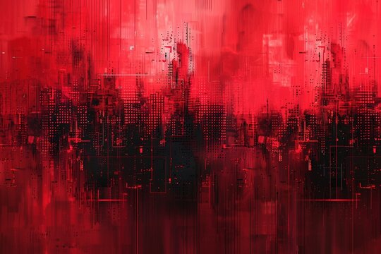 Mesmerizing red data rain composed of intricate code descends upon a dark, ethereal landscape. Glowing digital lines and subtle sparkles hint at a futuristic world.