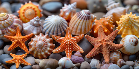 Seashells on the beach, by the sea as the sun sets,