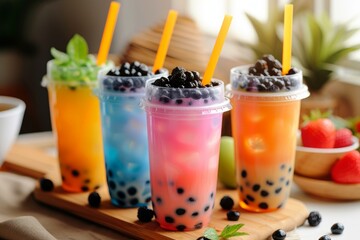 Indulge in a tempting and delicious assortment of colorful bubble tea with assorted flavors. Chewy tapioca pearls. And a variety of fruity and milk options in vibrant plastic cups and trendy straws
