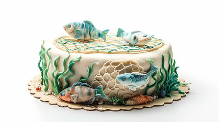 Cake with fishing net, fondant fish, and seaweed, solid white background.