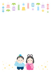 七夕のかわいいフレーム背景素材、彦星と織姫と笹飾りのベクターイラスト04