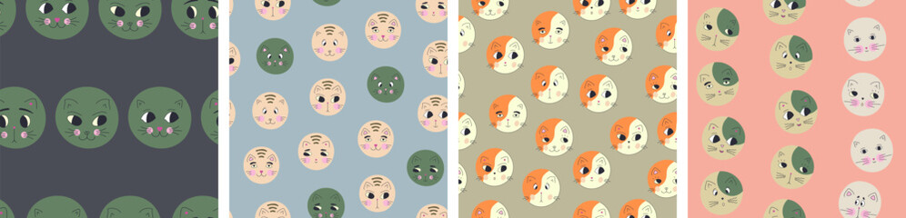 Four repeatable patterns, black eyes cats. Endless background, cute kitten, colorful vector simple elements.