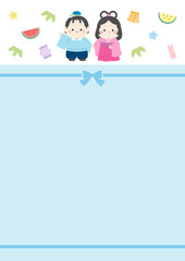 七夕のフレーム、彦星と織姫と笹飾りとリボンのベクターイラスト05