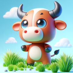 Obraz premium 3D funny ox cartoon in the field. Agriculture and farm animals