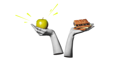 Flat art design. Nutrition - healthy apples and unhealthy sweets to choose from in your hand. Dietary concept isolated on free png Background.