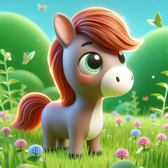 3D funny horse cartoon in the field. Agriculture and farm animals