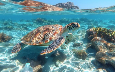 A turtle swimming in the ocean with a bottle of water in its mouth