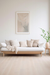 A Scandinavian-inspired living room with a pale wood floor, a simple white sofa, and a blank white frame hung above
