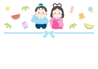 七夕のフレーム、彦星と織姫と笹飾りとリボンのベクターイラスト03