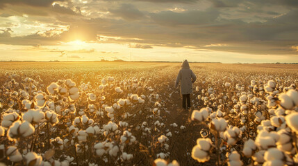 A person walks through a field of cotton flowers