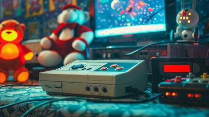 Retro Gaming Console Setup with Vintage Toys and Neon Lights