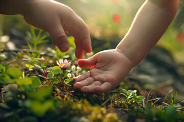 A baby's hand is holding a flower in a field