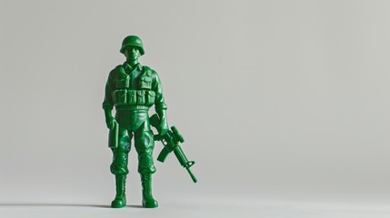 Green Toy Soldier Standing Against Plain Background . Military Action Figure with Rifle and Helmet