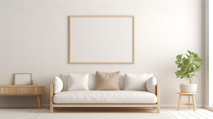 A Scandinavian-inspired room with a mix of light wood furniture, a white sofa, and a blank empty white frame mockup on the wall.