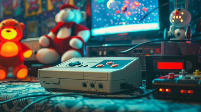 Retro Gaming Console Setup with Vintage Toys and Neon Lights