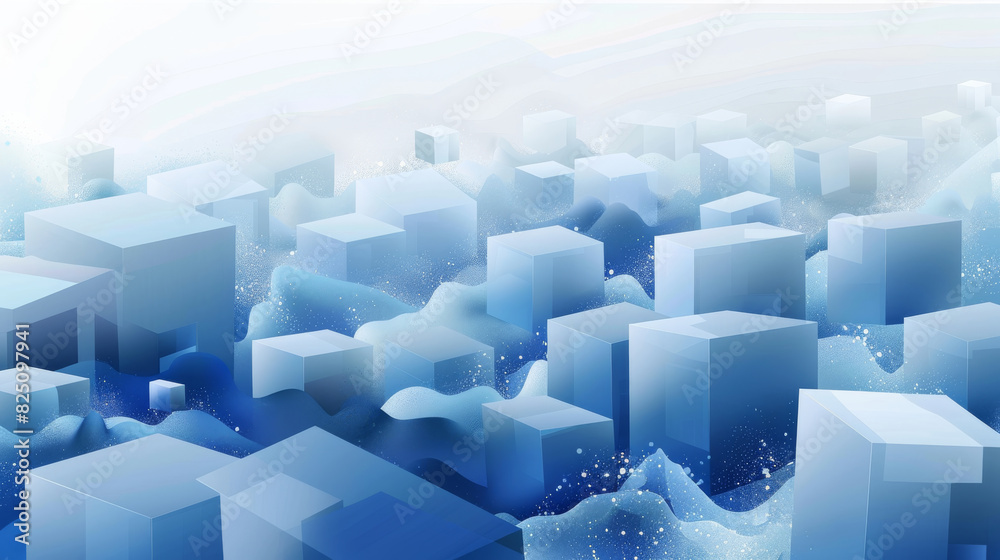 Aufkleber minimalist vector graphic of an abstract floating blocks, blue and white color palette, white backgr