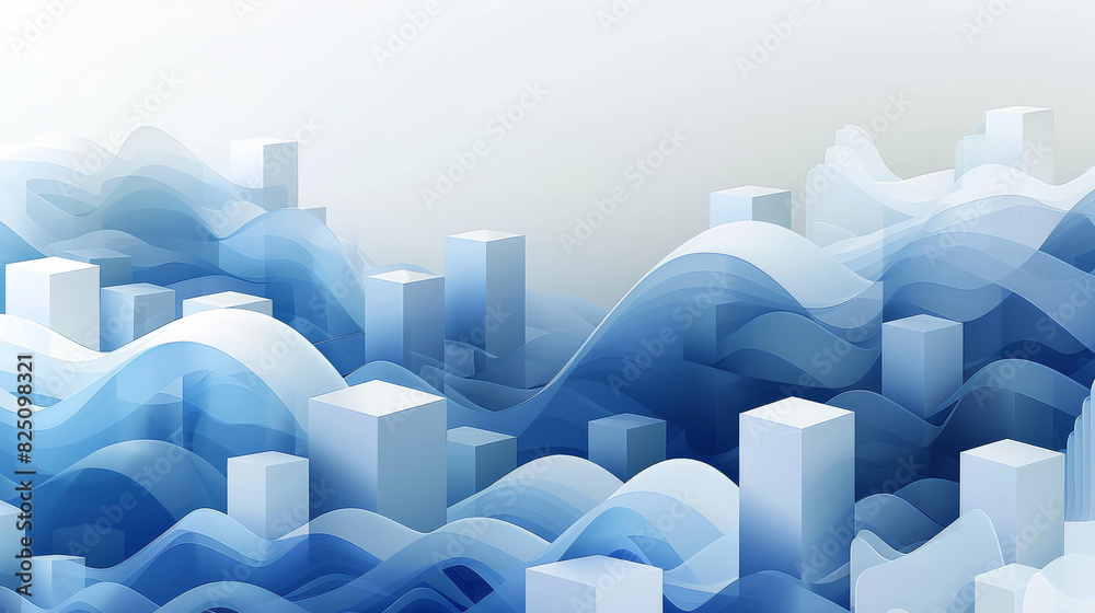 Aufkleber minimalist vector graphic of an abstract floating blocks, blue and white color palette, white backgr