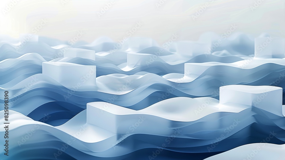 Aufkleber minimalist vector graphic of an abstract floating blocks, blue and white color palette, white backgr