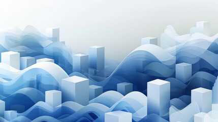 Obraz premium Minimalist vector graphic of an abstract floating blocks, blue and white color palette, white background, simple design, flat illustration, in the style of an abstract waves. Generative AI.